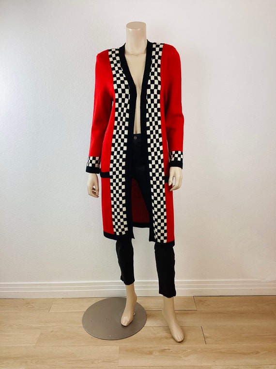 Vintage 1980s BLACK & WHITE CHECK and Red Long Kn… - image 2