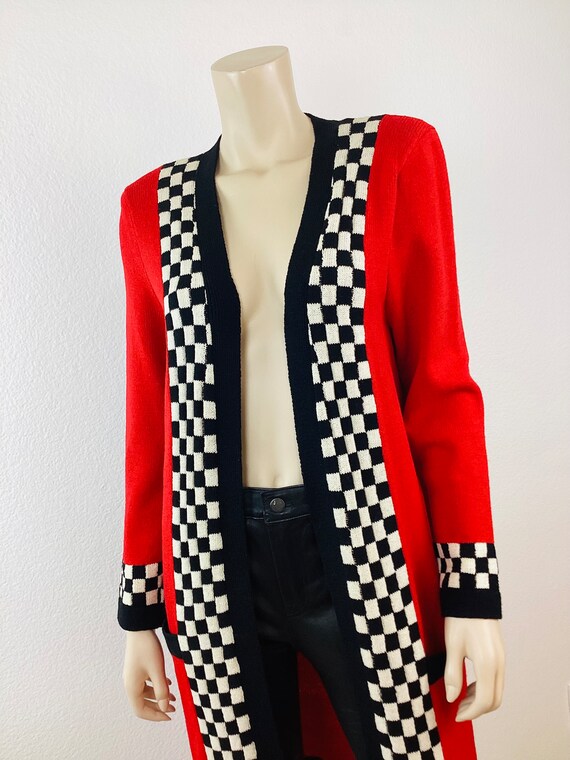 Vintage 1980s BLACK & WHITE CHECK and Red Long Kn… - image 4