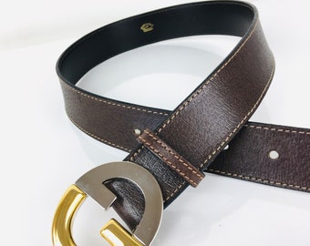 Vintage 1990s GUCCI GG Gold & Silver Buckle Brown LEATHER Belt