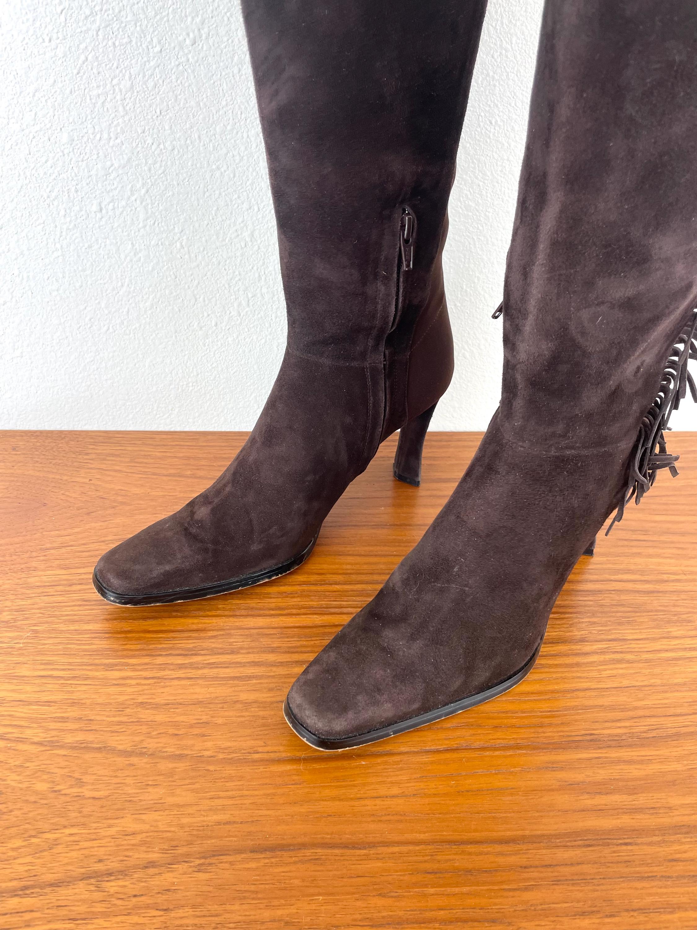 Vintage 1990s BROWN FRINGE Suede LEATHER Tall High Heel Boots / Size 9 ...