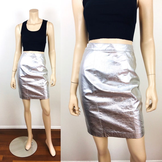 1980s Vintage SILVER METALLIC LEATHER High Waiste… - image 1