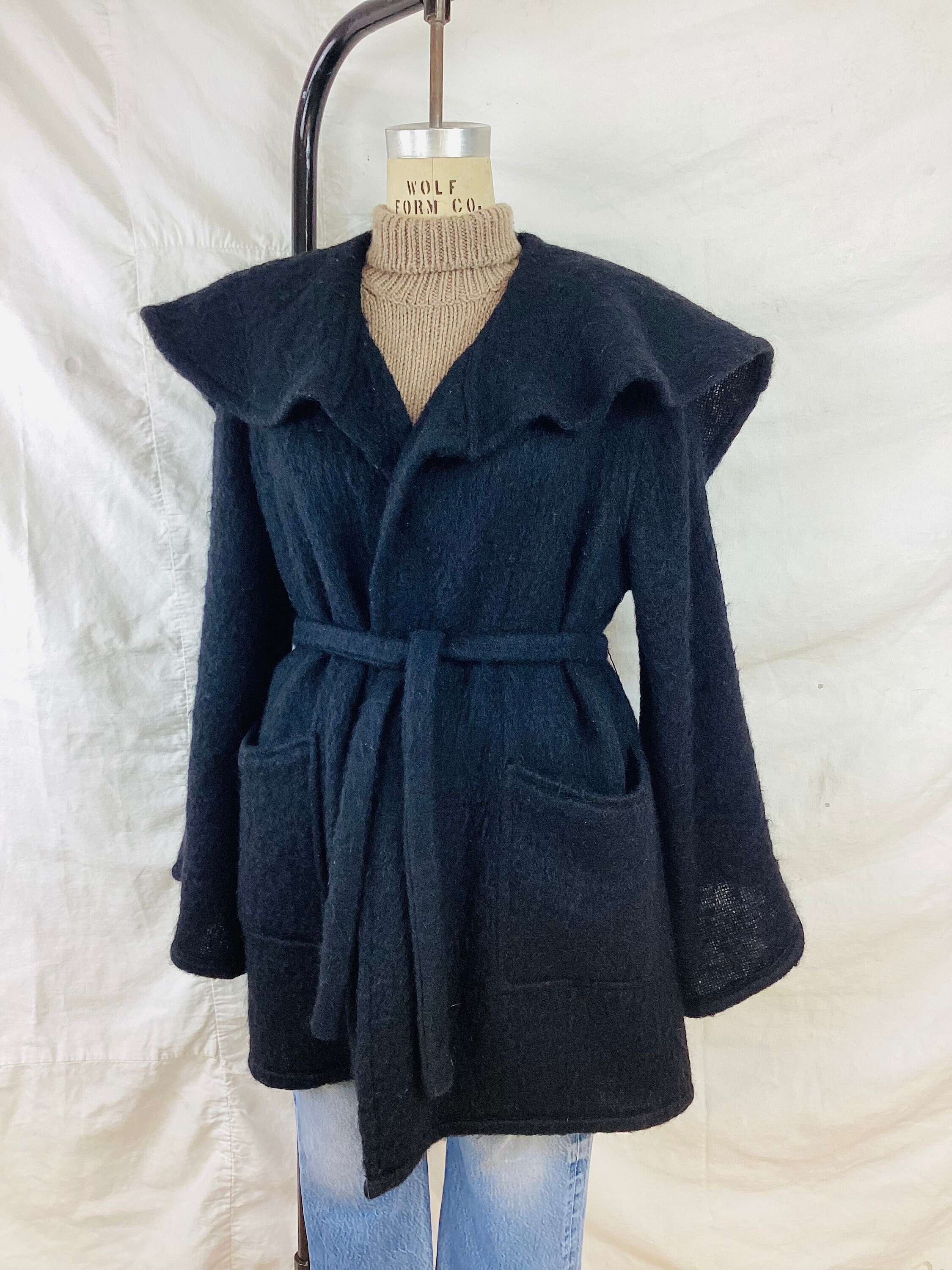 Vintage 1980s HUGE SHAWL Collar Oversized Belted WRAP Coat