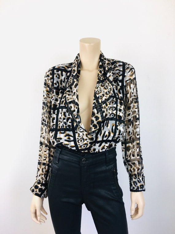 Vintage 1990s BLACK & GOLD Sheer LEOPARD Print Me… - image 4