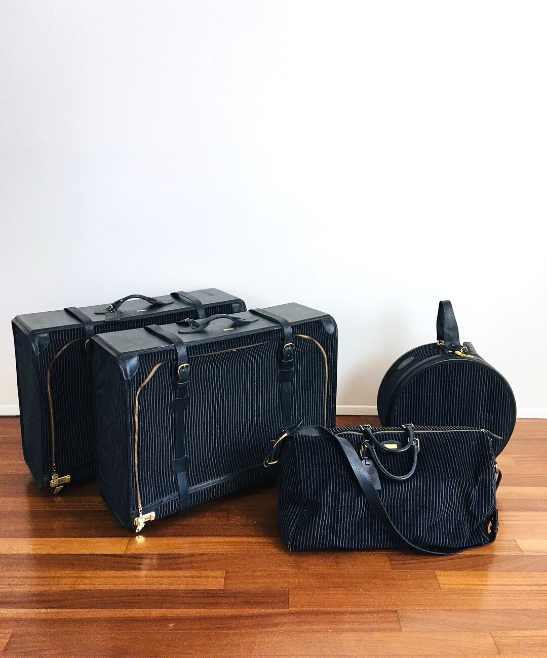 Vintage FRENCH COMPANY Black & Grey PINSTRIPE Suitcase Luggage Set