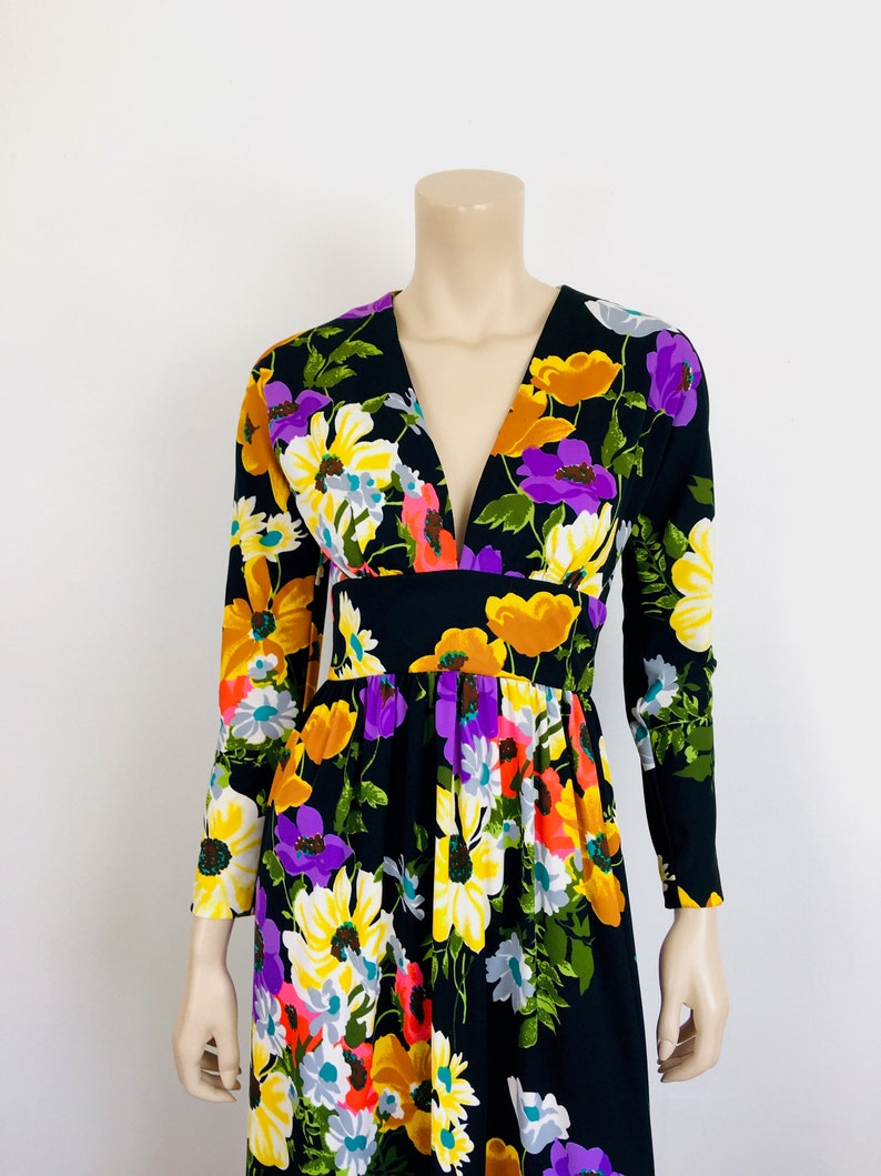 Vintage 1970s BLACK FLORAL Boho Maxi Dress image 3