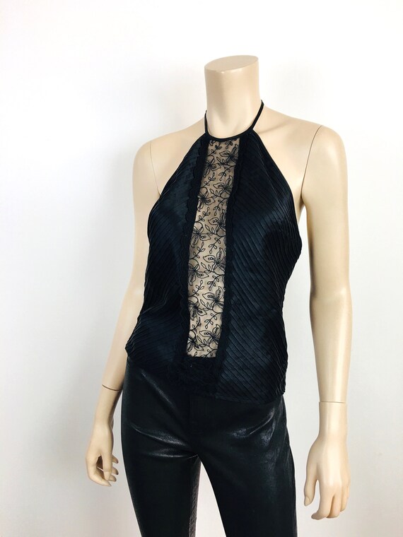 Vintage 1990s Black SILK CHARMEUSE & LACE Pin Tuc… - image 4