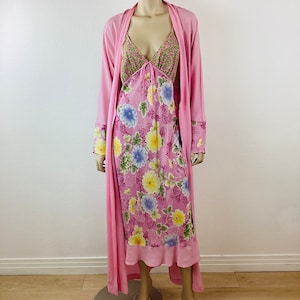 Vintage 1990s PINK FLORAL SILK Bias Slip Dress & Matching Dressing Robe Malizia La Perla