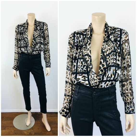 Vintage 1990s BLACK & GOLD Sheer LEOPARD Print Me… - image 2