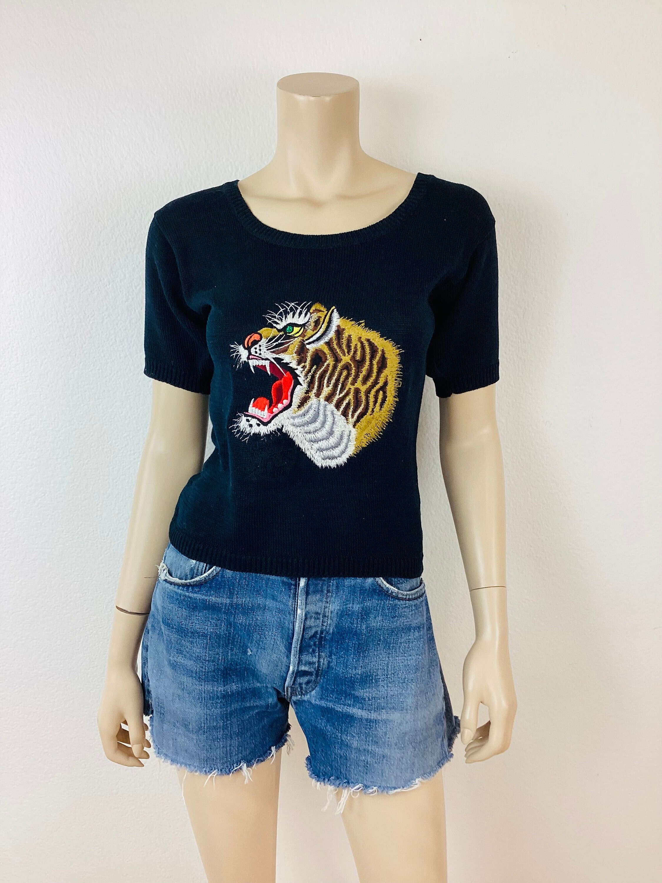 Vintage 1980s KANSAI YAMAMOTO Embroidered TIGER Cotton Sweater Top