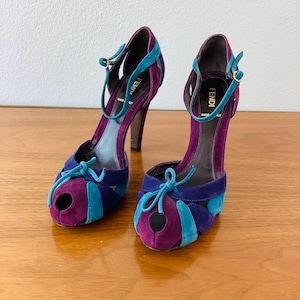 Vintage FENDI Open Toe HIgh Heel PLATFORM Sandal Heels / Ankle Straps / Purple / Turquoise 38.5
