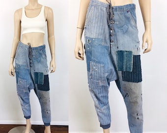 2000s GREG LAUREN Handmade PATCHWORK Vintage Denim / Overalls Drop Crotch Pants