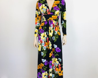 Vintage 1970s BLACK FLORAL Boho Maxi Dress