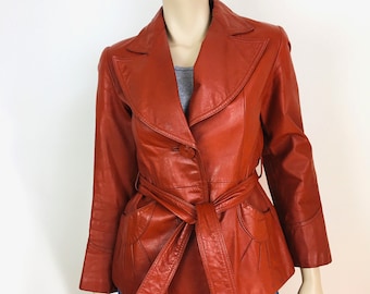 Vintage 1970s SUNRAY Rust Leather Belted Hippie / Boho Jacket