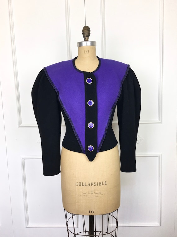 80s Vintage PUFF SLEEVE Black & Purple Jeanne Marc