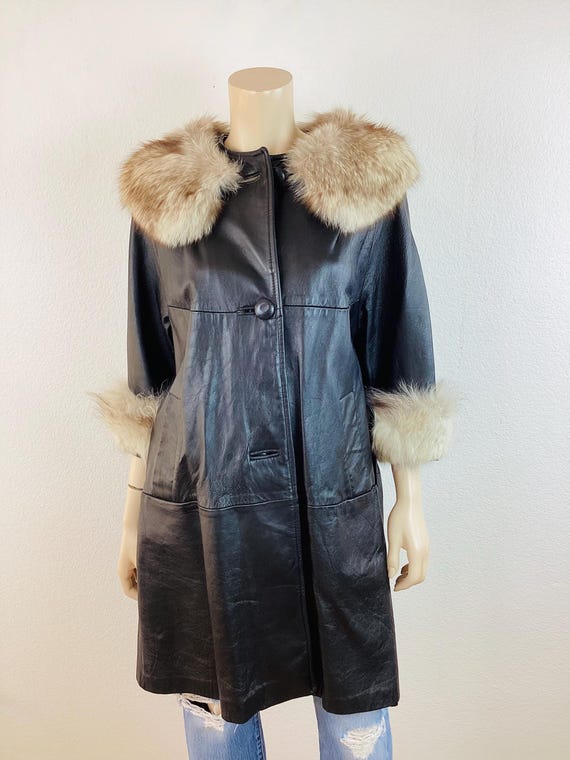 Vintage 1960s LEATHER & FOX FUR Belted Leather Swing Coat Vintage 1960s LEATHER & FOX FUR Belted Leather Swing Coat