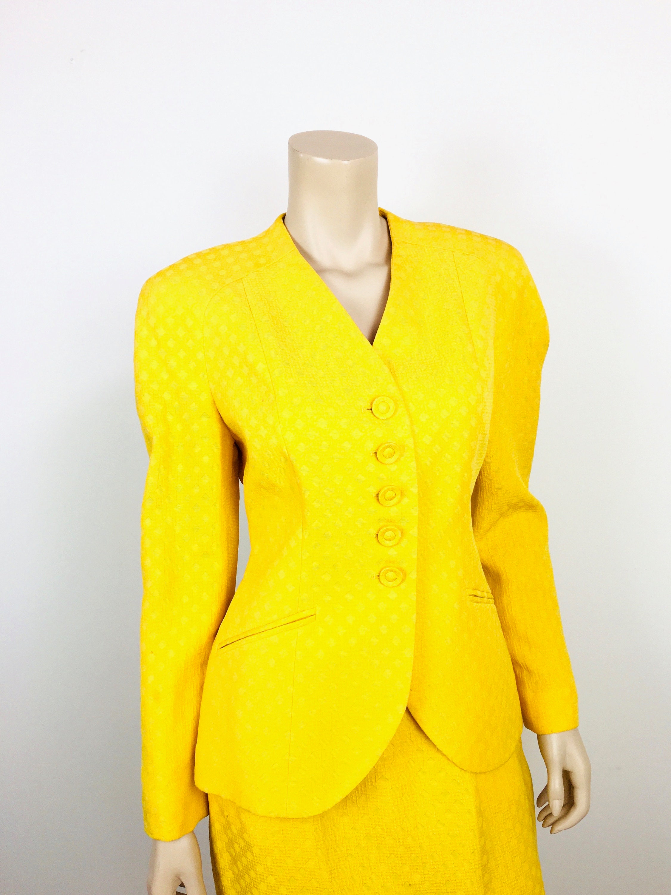 Vintage 1980s CHRISTIAN DIOR Yellow DIAMOND Pattern Jacket & Skirt