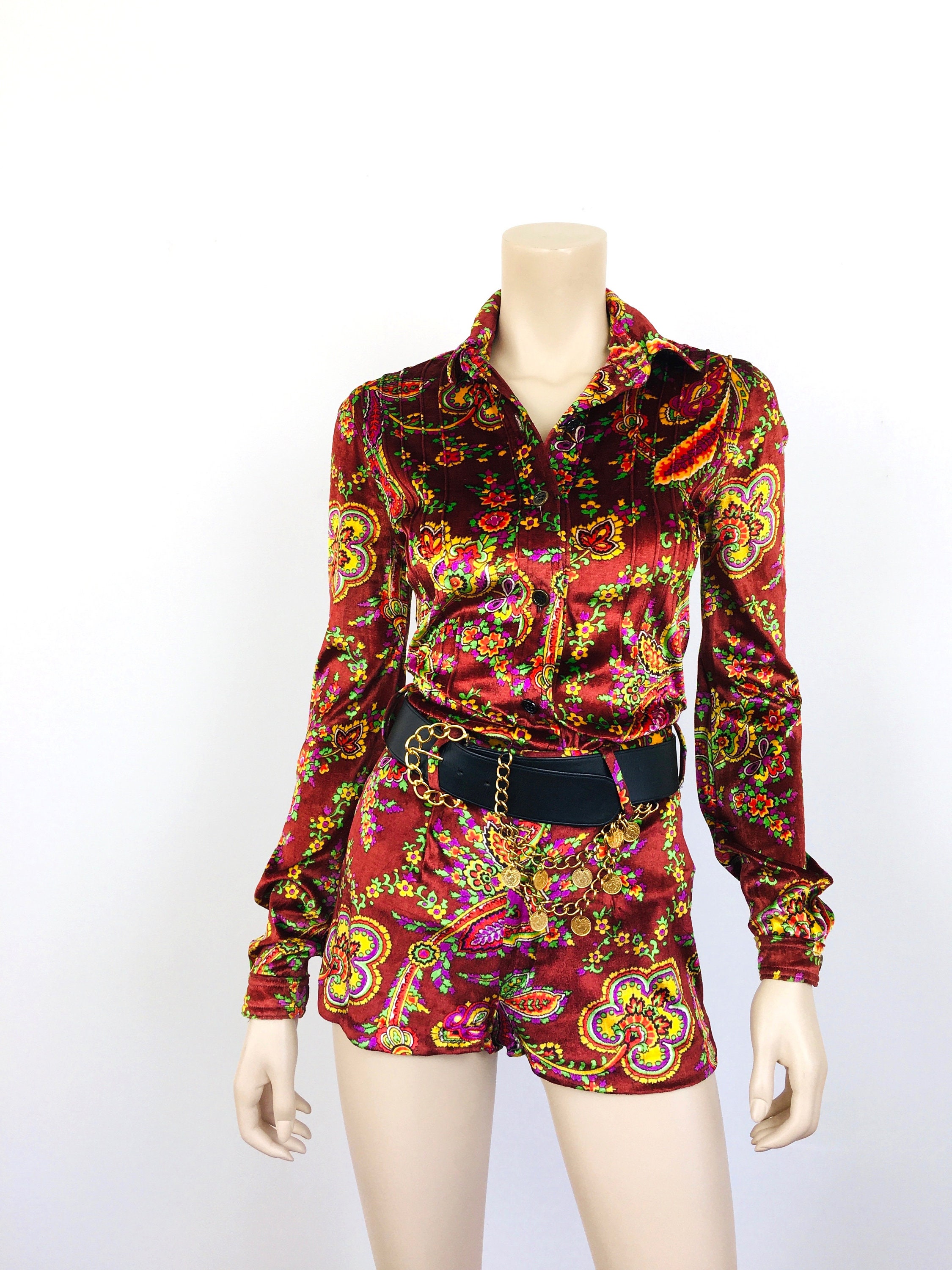 Vintage 1970S Sant Angelo Panne Velvet Paisley Print Hot Pants/Shorts & Top Set Suit Boho Style
