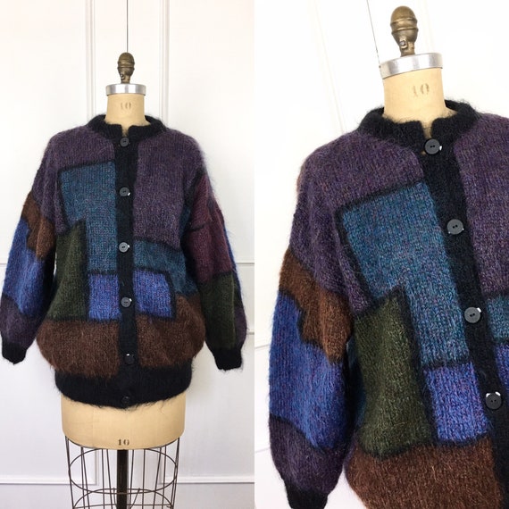 80s Vintage OVERSIZED COLOR BLOCK Mohair Cardigan