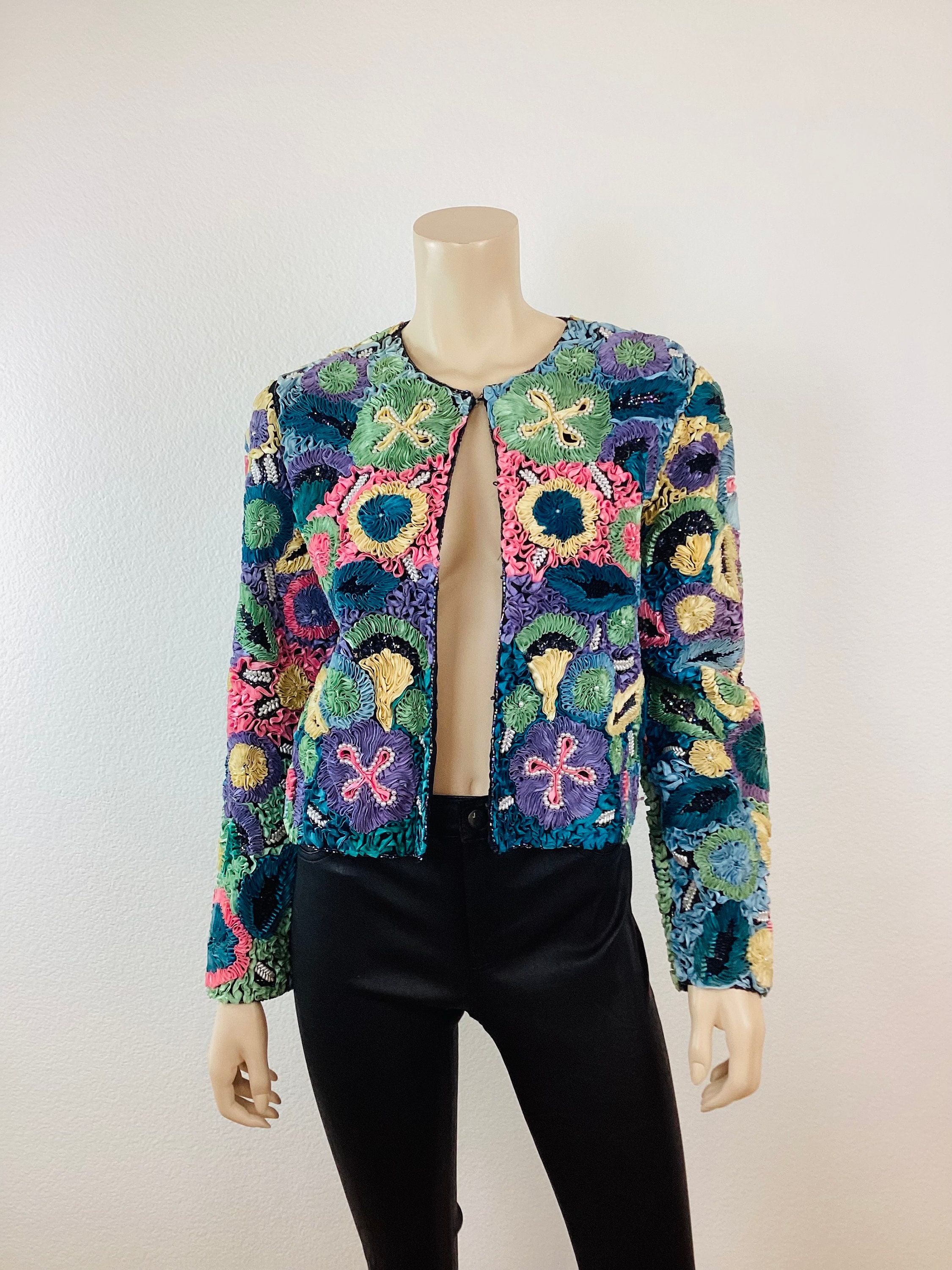 Vintage 1980s Pearl BEADED Colorful FLORAL RIBBONWORK Jacket - Etsy