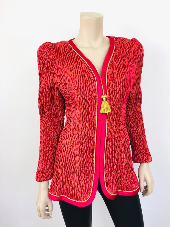 Vintage 1980s SMOCKED RED Zip Front TASSEL Quilte… - image 6