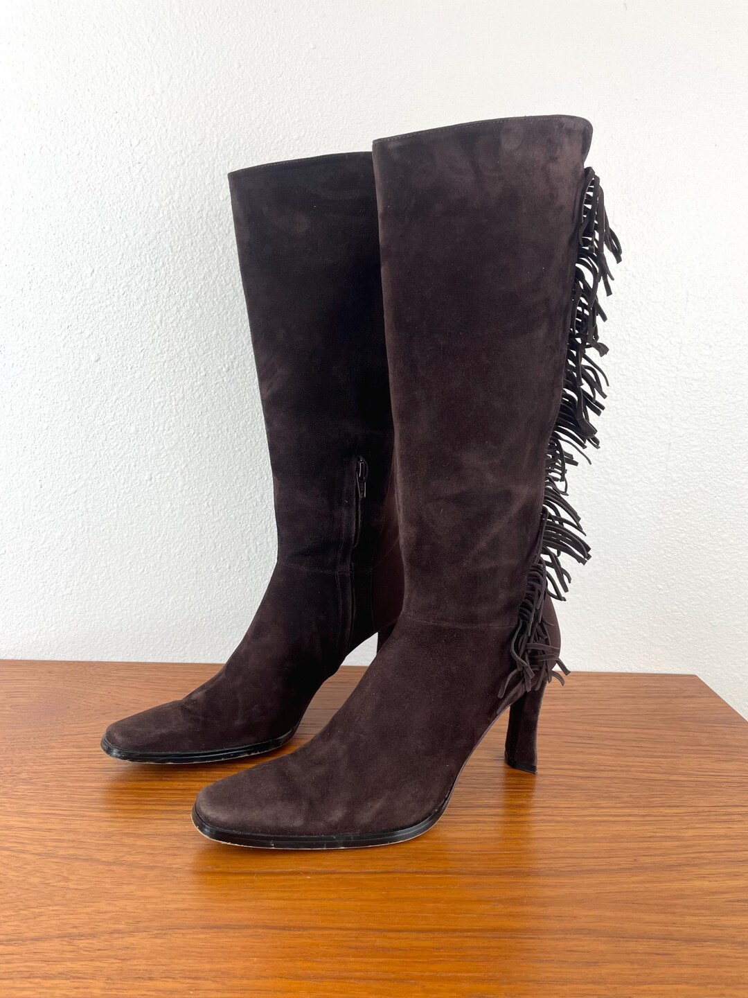 Vintage 1990s BROWN FRINGE Suede LEATHER Tall High Heel Boots / Size 9 ...