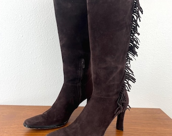 Vintage 1990s BROWN FRINGE Suede LEATHER Tall High Heel Boots / Size 9