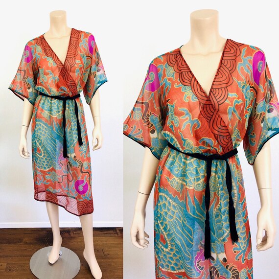 1970s Vintage SHEER DRAGON Asian PRINT Kimono Slee