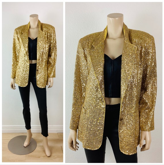 Vintage 1980s GOLD SEQUIN BEADED Boyfriend Jacket - image 1