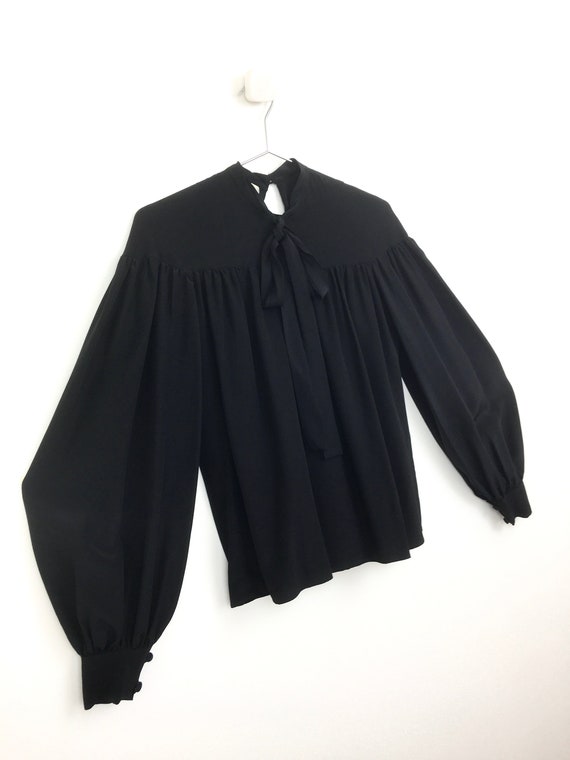 70s Vintage PLEATED Black SILK ADOLFO Pussy Bow Bl