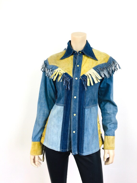 Vintage 1970s PATCHWORK DENIM & LEATHER Fringe Fa… - image 1