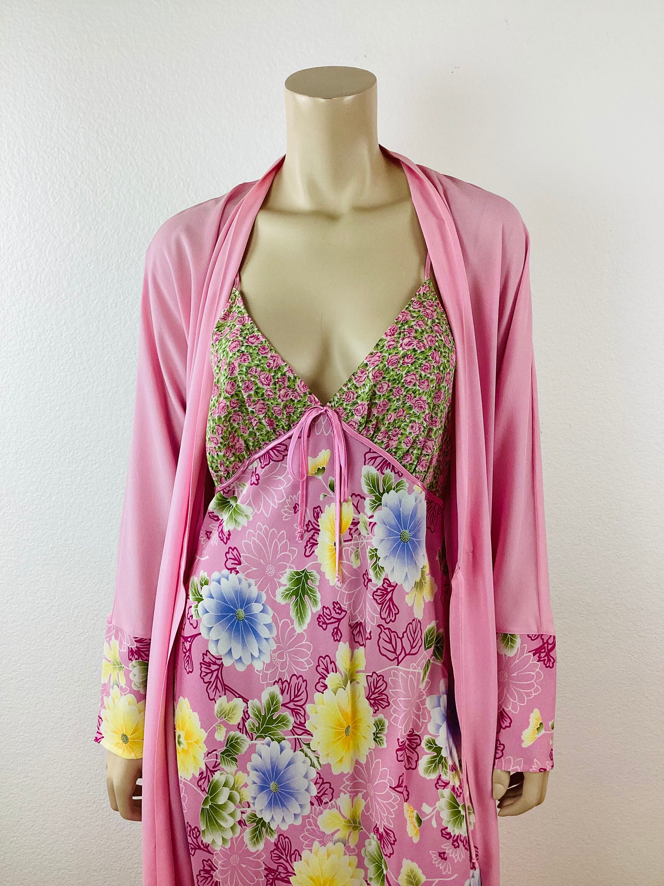 Vintage 1990s PINK FLORAL SILK Bias Slip Dress & Matching