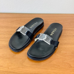 Vintage PRADA Black LEATHER & LUCITE Open Toe Slide On Sandals