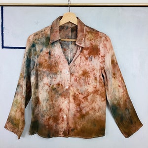 Vintage 1990s TIE DYE 100% SILK Fall Tones V neck Blouse Shirt