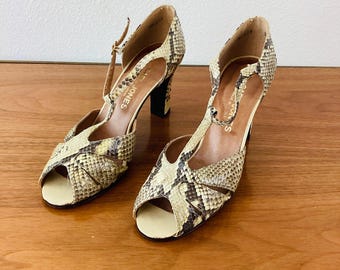 Vintage 1970s NATURAL SNAKESKIN Open Toe T Strap Chunky Heel High Heel Shoes / Size 6.5