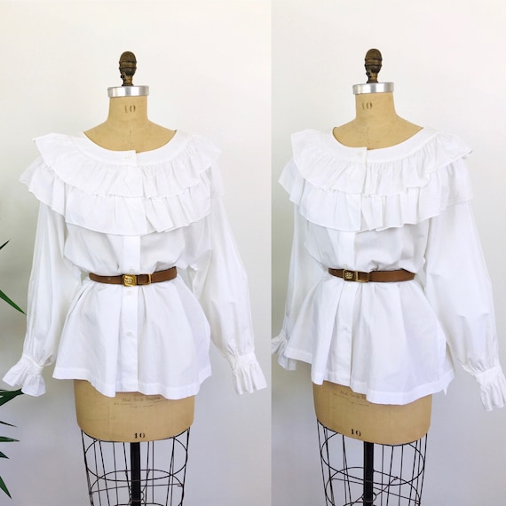Vintage 1980s RUFFLED COLAR White Cotton Oversized