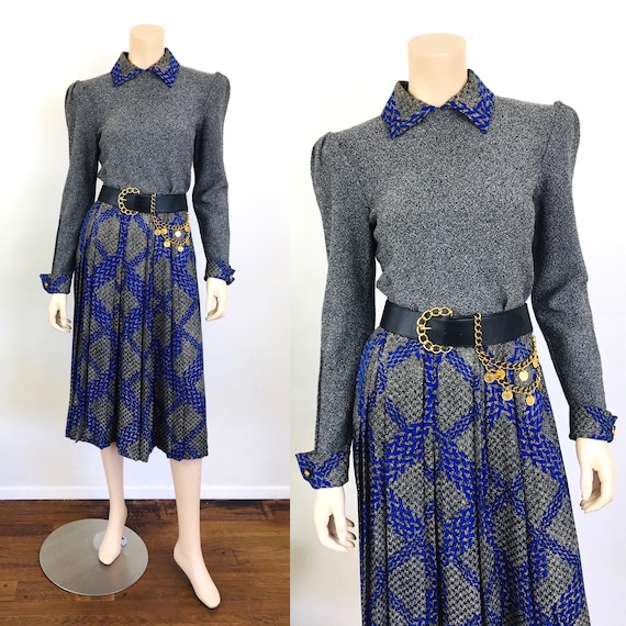 Vintage 1980s ADOLFO TOP & SKIRT Blue / Black Plai