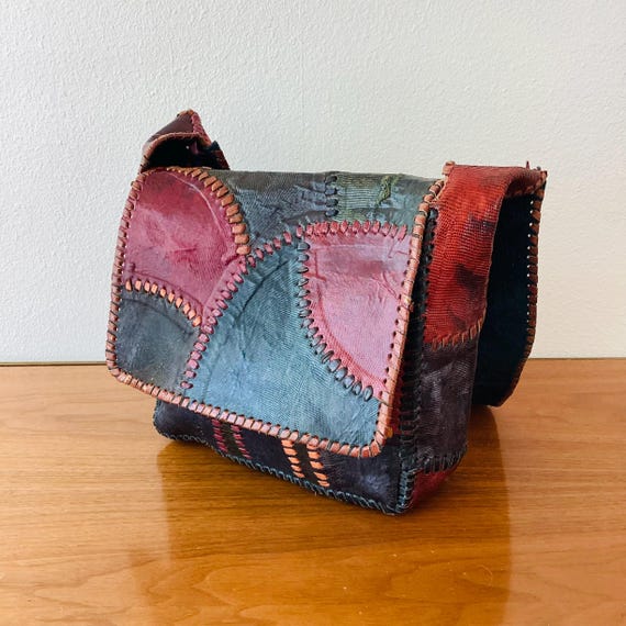 Vintage 1970s CHAR PATCHWORK LEATHER Whipstitch H… - image 3