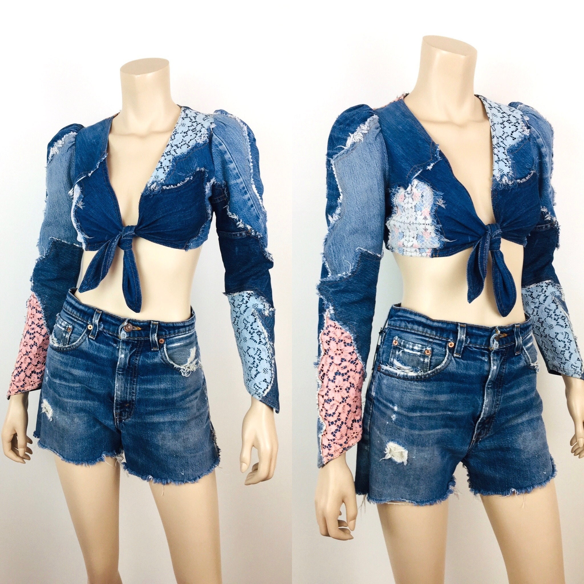 Vintage 1970s LOVE MELODY PATCHWORK Levis Denim & Lace Hippie Boho 