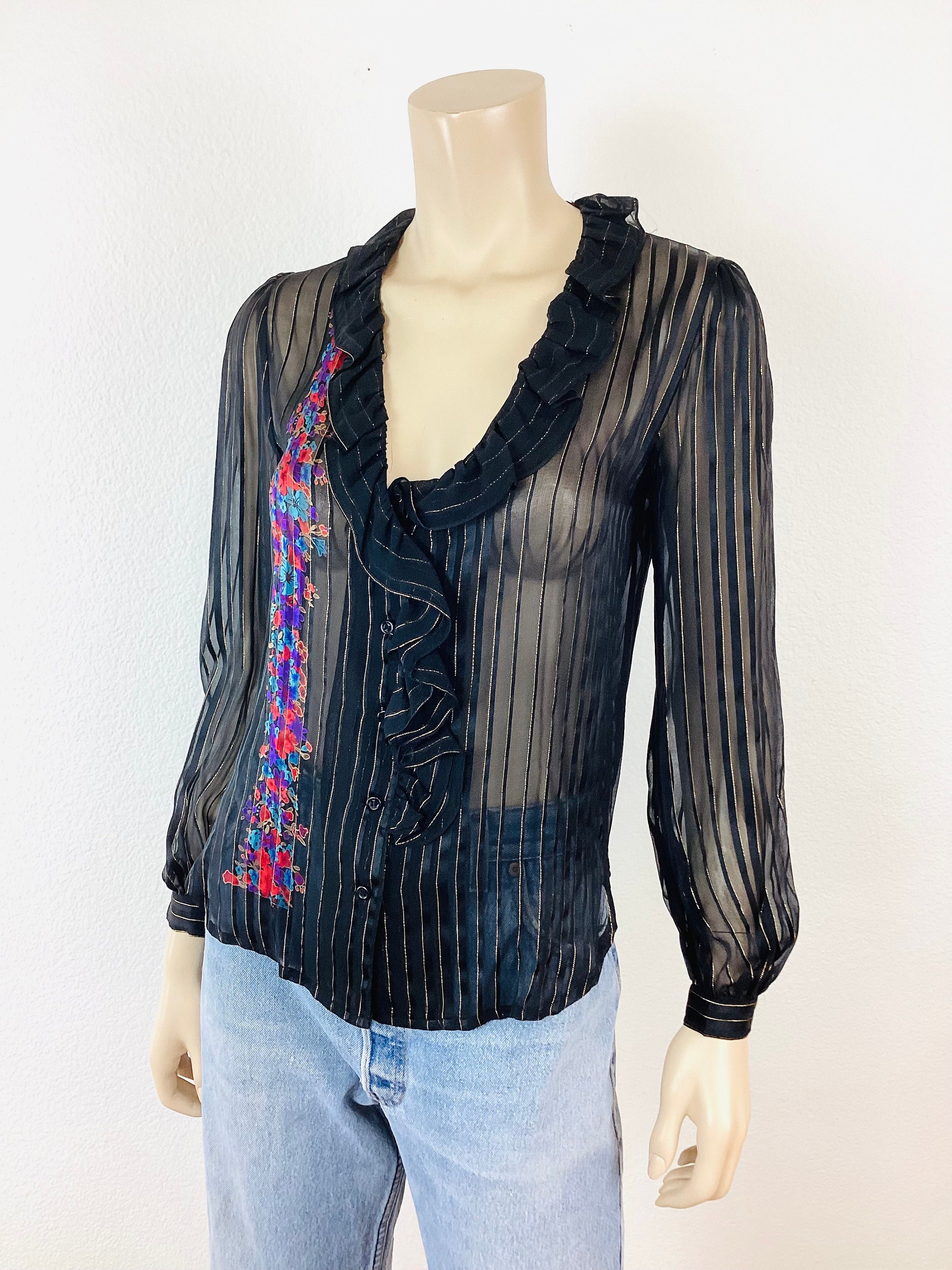 Vintage 1980s Sheer BLACK & GOLD METALLIC Thread Ruffled
