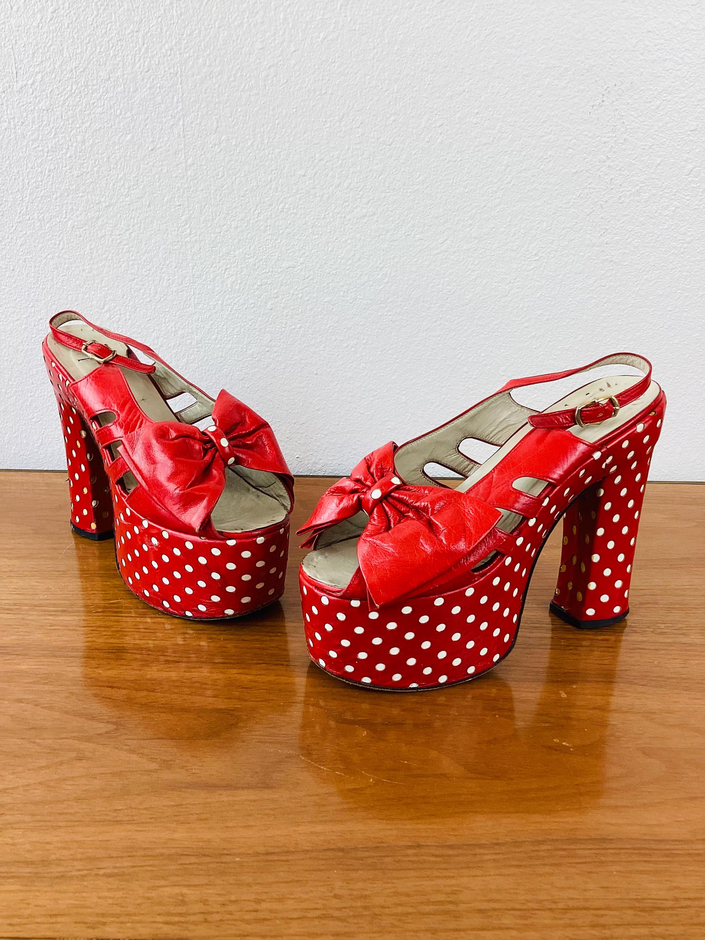 Vintage 1970s Red & White Patent Leather Polka Dot Platforms Hippie…