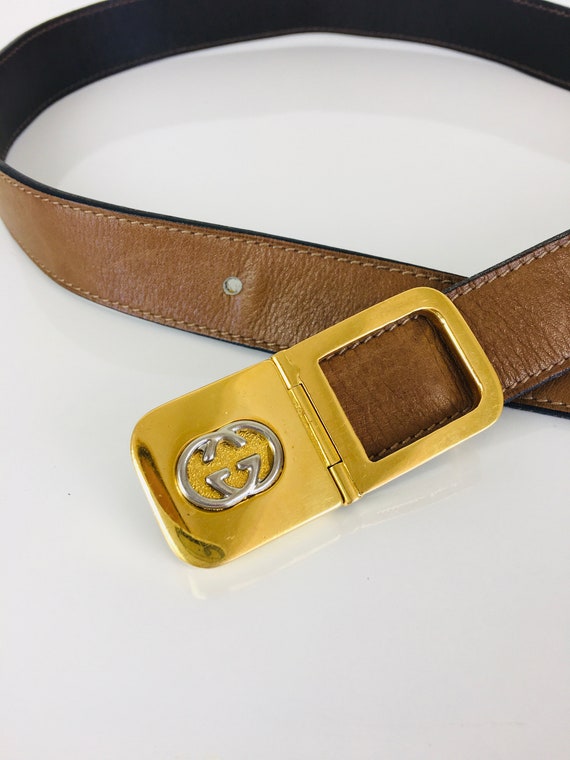 Vintage 1980s GUCCI GG Gold & Silver Buckle Brown… - image 5