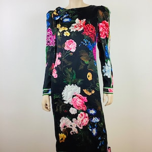 Vintage LEONARD BRIGHT FLORAL Print Black Silk Dress with Bows