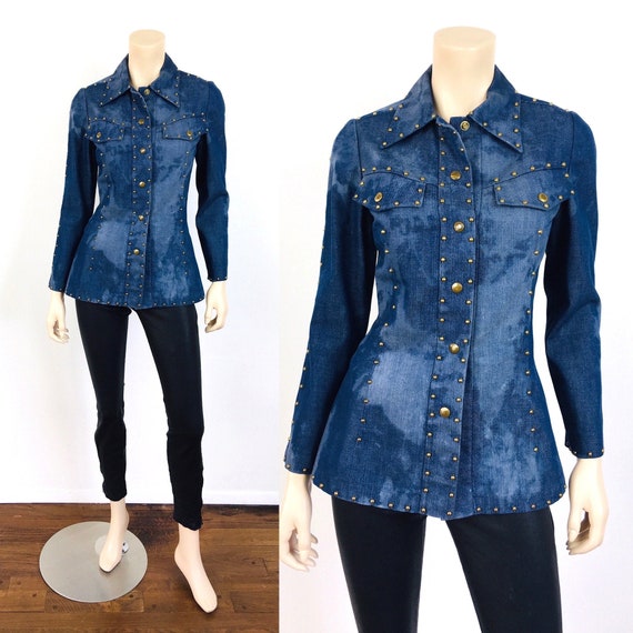 Vintage 1970s STUDDED DENIM Tie Dye Gold Stud Shir
