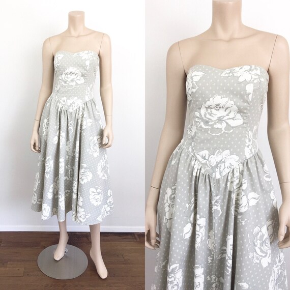 Vintage 1980s STRAPLESS BUSTIER FLORAL Print 50s S
