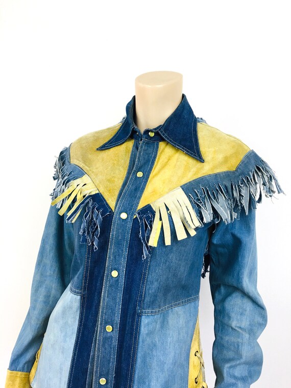 Vintage 1970s PATCHWORK DENIM & LEATHER Fringe Fa… - image 4