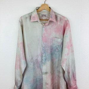 Vintage 1980s 1990s TIE DYE SILK Oversized Mens Shirt Hand Dyed Pastel Top / Blouse