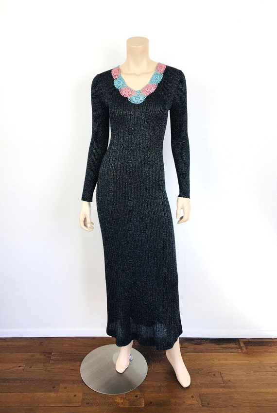 Vintage 1970s WENJILLI Black METALLIC CROCHET Nec… - image 2