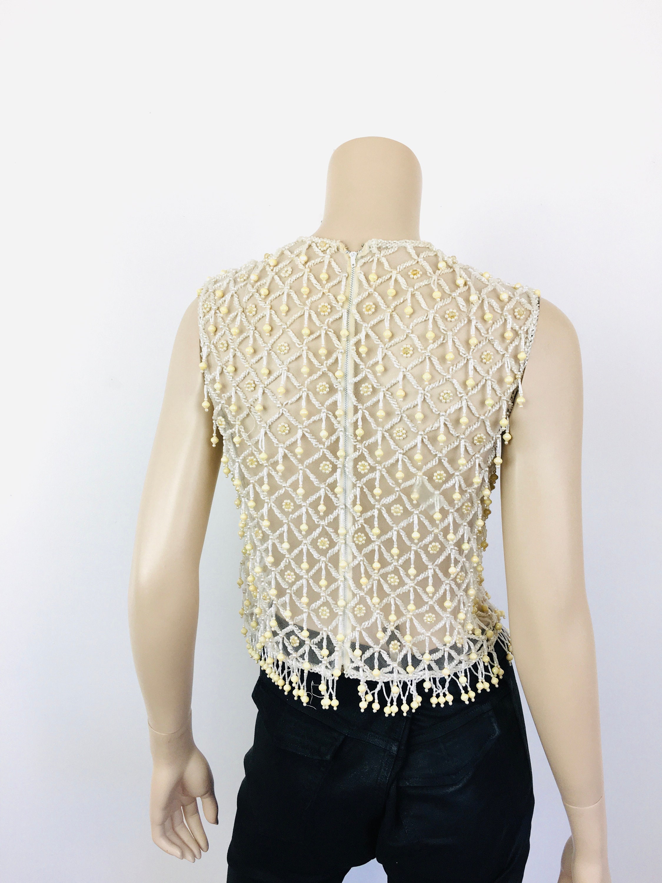 Vintage 1960s WHITE BEADED Sheer TULLE Net Lace Pearl Fringe Top 