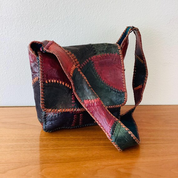 Vintage 1970s CHAR PATCHWORK LEATHER Whipstitch H… - image 4