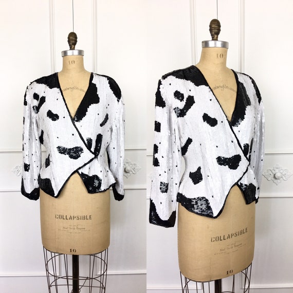 80s Vintage SEQUINED Black & White Jewel Queen Eve